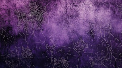 Purple background filled with intricate spider webs, Halloween-themed design element with cobweb patterns creating a spooky effect