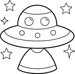 A cute UFO is flying in space surrounded by stars