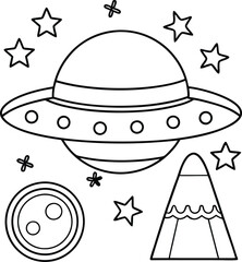 Cosmic Coloring Page Featuring a UFO, Spaceship, Planets, and Stars for Young Astronauts to Explore the Wonders of the Universe