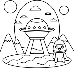 Fun and Educational Coloring Page for Kids Featuring an Alien and Spaceship