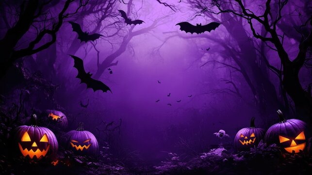 Purple background with black shadowy trees, pumpkins, and bats flying, creating a spooky Halloween vibe.