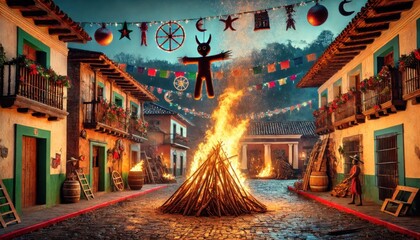 Obraz premium La Quema del Diablo (The Burning of the Devil) in Guatemala, featuring a bonfire and festive decorations in a traditional town square.