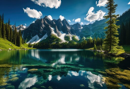 majestic mountain peaks mirroring crystal clear alpine lakes under bright blue sky lush greenery surrounding scenic landscape, reflection, scenery, forest