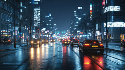 Fototapeta premium Modern city streets illuminated by futuristic lights at night with cars driving through reflective wet roads in a vibrant urban landscape