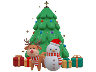 Merry Christmas and Happy New Year. Christmas tree with reindeer, snowman and gifts. Realistic cute 3D characters design perfect for banner, web poster, ads, holiday greetings and decorations