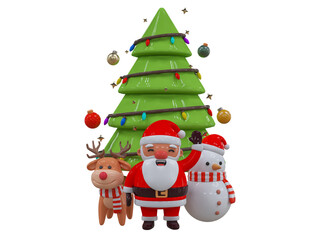 Merry Christmas and Happy New Year. Christmas tree with Santa, reindeer, snowman and gifts. Realistic cute 3D characters design perfect for banner, web poster, ads, holiday greetings and decorations