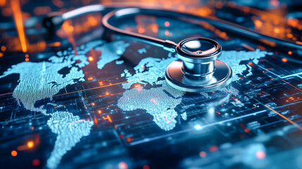 3D rendering of a stethoscope over a digital world map highlighting global healthcare advancements and medical technology data visualization