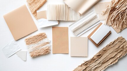 An artistic flat lay featuring an array of textured paper and cardboard materials, artfully overlapping to create a dynamic visual interest. The deep depth of field technique emphasizes the