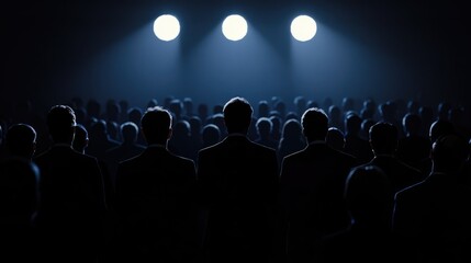 Obraz premium Silhouetted business leaders in front of a conceptual black background, large crowd in the foreground, focus on influence