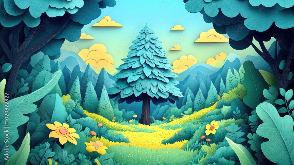 Poster Pine tree in a lush forest exploring vibrant summer scenery Pine tree in a vibrant summer forest scene