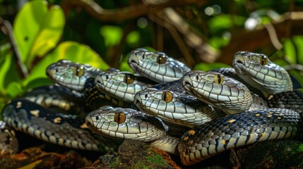 Obraz premium A group of snakes are laying on a rock