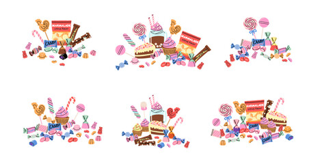 Sweets and candy. Chocolate bars, caramel, toffee, different lollipop on sticks, marmalade bears. Confectionery shop elements. Christmas and birthday kids present cartoon flat isolated illustration