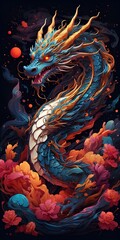 Obraz premium Majestic Chinese Dragon Gliding Through a Cosmic Galaxy - High-Quality Digital Illustration