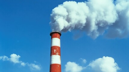 Smokestack spewing thick smoke, red and white-striped tower against a bright blue sky, pollution theme