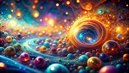 A swirling vortex of color and light, illuminating a field of vibrant orbs, each capturing a fragment of a universe unseen