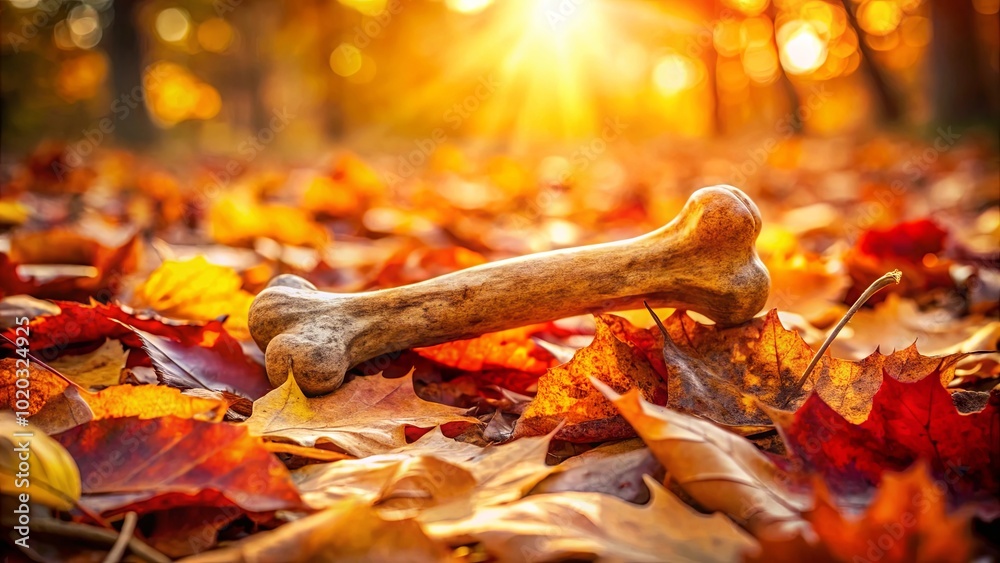 Sticker A weathered bone resting amongst the vibrant autumn leaves, bathed in the golden glow of the setting sun.