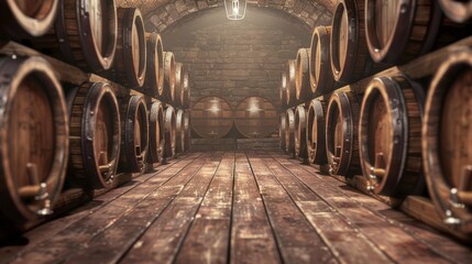 A Rustic Wine Cellar with Wooden Barrels and Stone Walls