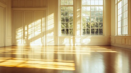 Fototapeta premium Spacious empty room filled with sunlight, reflections on the floor creating a beautiful interplay of light