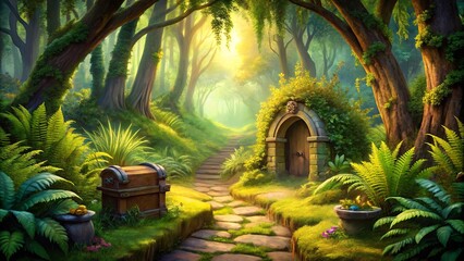 An Enchanting Woodland Path Leading to a Mysterious Stone Archway, With a Sunlit Canopy of Trees, Moss Covered Rocks, and a Wooden Chest Beside a Stone Pot Filled With Yellow Fruit