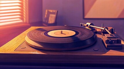 A modern turntable playing a vinyl record, highlighting a vintage music vibe. The image captures warm lighting and a retro aesthetic, perfect for themes of nostalgia and audio culture