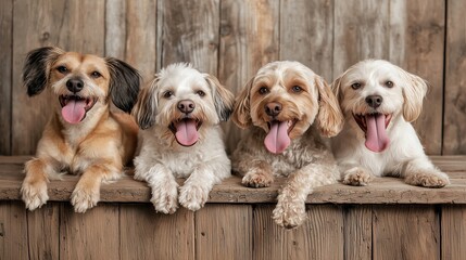 Happy Dogs with Joyful Expressions on a Wooden Surface