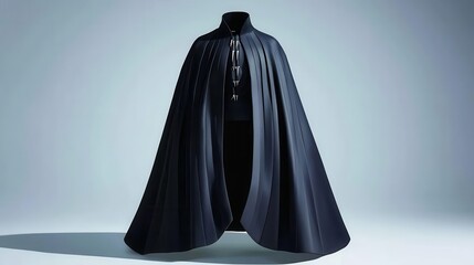 Naklejka premium A stylish black cape displayed on a mannequin, perfect for dramatic fashion, theater costumes, or creative art projects.