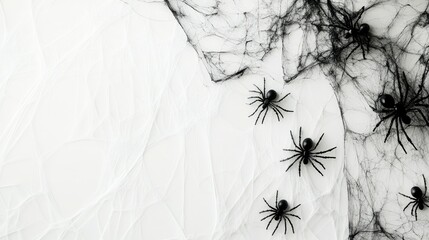 Spooky Halloween border with black spider webs and spiders hanging on a white backdrop, evoking a creepy atmosphere