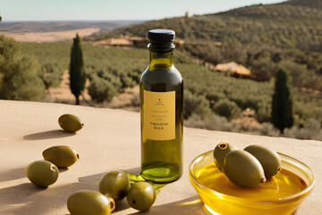 Olive Oil Bottle with Green Olives in Mediterranean Olive Grove Landscape, Bottle of olive oil with fresh olives set against a scenic olive grove landscape, evoking Mediterranean agriculture
