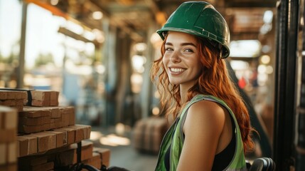 Smiling Brazilian Woman Working at Lumberyard in Green Helmet