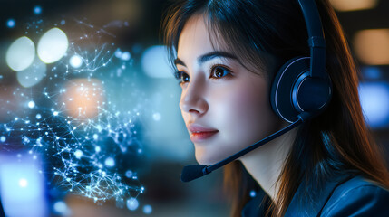 Focused woman call center agent wearing headphone in modern office , customer service concept .