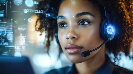 Focused woman call center agent wearing headphone in modern office , customer service concept .