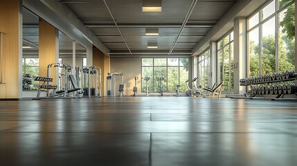 Bright and spacious modern gym with polished surfaces, sleek equipment neatly arranged, open view of multiple workout areas, natural light streaming through large windows, minimalist design,