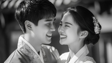 A black-and-white portrait of a couple in traditional Korean hanbok attire, smiling at each other.
