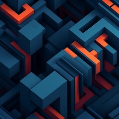Geometric abstract design with layered blocks in blue and orange, creating a three-dimensional visual with modern symmetry and bold contrast.
