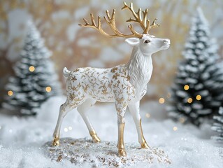 Elegant Snow Covered Reindeer Figurine with Gold Accents