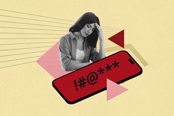 Collage young sad depressed offended woman cyberbullying social media network smartphone internet...