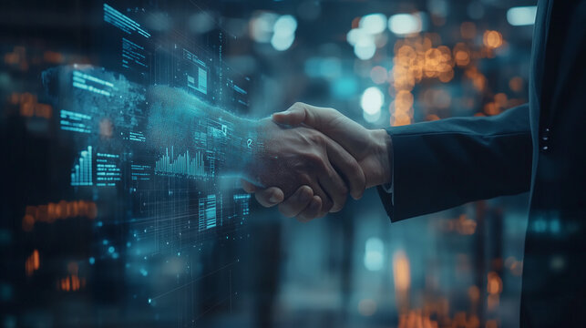Entrepreneurs shaking hands over a business agreement, digital holograms float above them