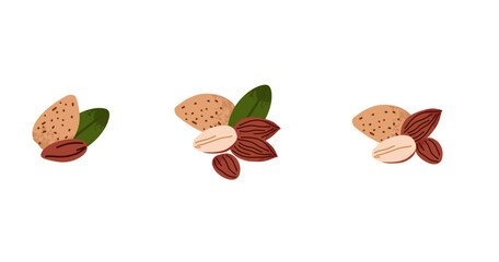 Cartoon almond. Nuts in shell and peeled pieces. Healthy food. Diet snack. Organic vegetarian element. Whole and half. Natural plant ingredient packaging design vector isolated illustration