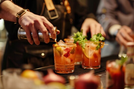 A Caesar cocktail making class with participants mixing their drinks