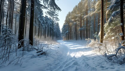 Snow-Covered Forest Path with Tall Trees Framing a Clear Winter Sky