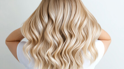 Naklejka premium Long, wavy blonde hair styled elegantly, with a soft background.