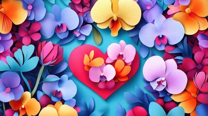 Mother s Day greeting card featuring a heartfelt message heart shape and a beautiful background of orchids and lisianthus flowers in a flat lay arrangement Romantic floral gift