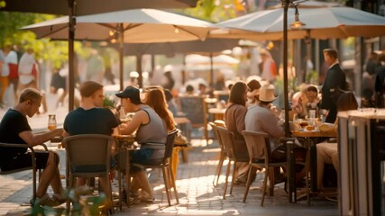 A bustling outdoor cafe scene with patrons enjoying lunch under the shade of umbrellas on a sunny day, An outdoor cafe with umbrellas shading patrons as they enjoy their meals in the warm sun