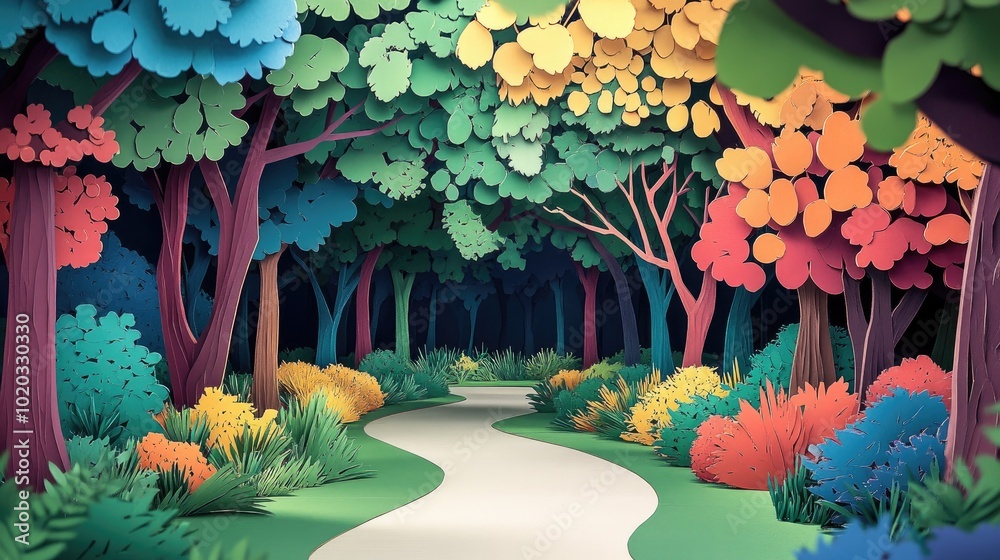 Poster Park in a serene setting with lush greenery and pathways for leisurely strolls Serene park setting with lush greenery and walking paths