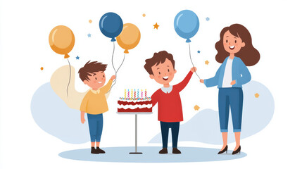 Fototapeta premium family celebrating birthday with cake and balloons, filled with joy and excitement. children are holding colorful balloons while adult shares in festive moment
