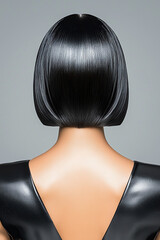 Stylish black bob haircut on a mannequin against a plain background.