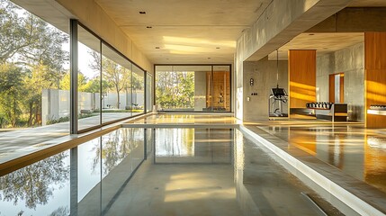 Fototapeta premium Contemporary gym interior, open layout emphasizing space and light, natural light illuminating the room through large windows, polished floors and reflective surfaces, minimalist and sleek design,