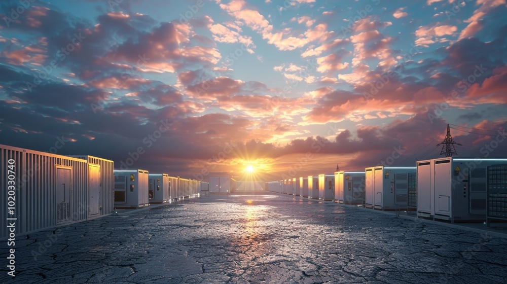 Poster a large empty lot with a bunch of white containers and a sun in the sky