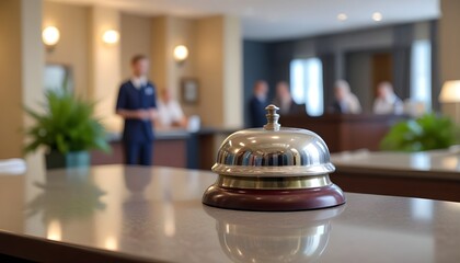A silver service bell on a hotel reception desk, with blurred hotel staff in the background