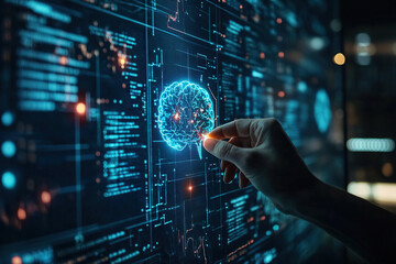 Fototapeta premium Medical technology, doctor uses artificial intelligence to study the human brain. Doctor's fingers on a virtual screen with a brain. Generated by artificial intelligence